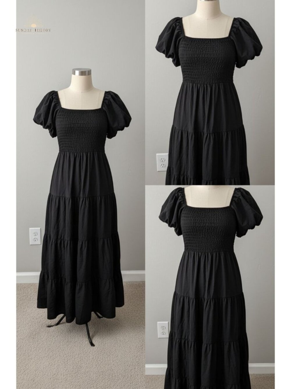 Smocked Midi Dress Square Neck Puff Sleeve Fit Flare Wedding Guest